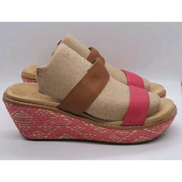 Vionic Cancun Fiesta Leather Wedge Sandal Sz 8 Orthopedic Pink Boho Barbiecore - Picture 2 of 6